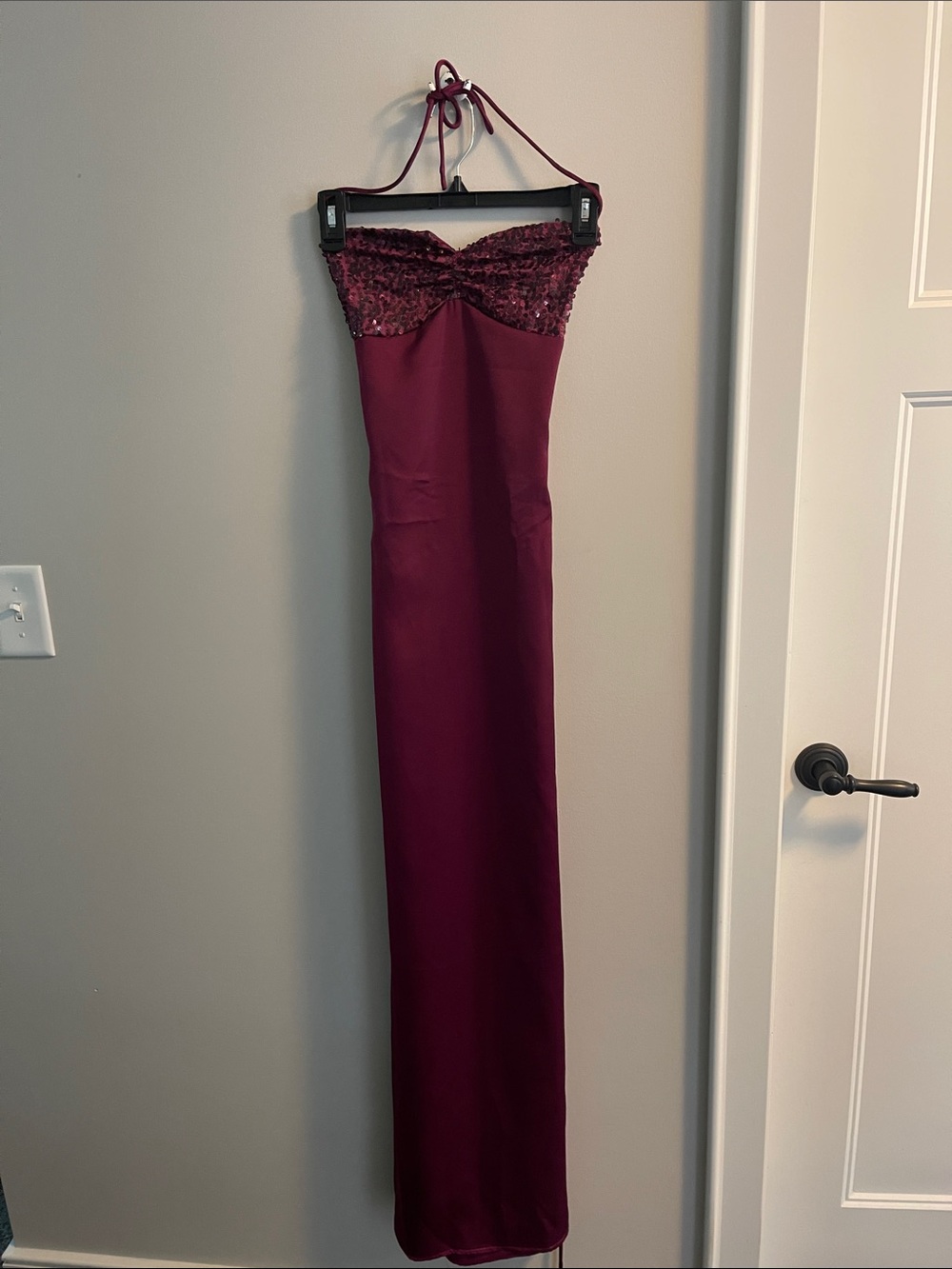 Evael Strapless Burgundy Sequin Bodice Prom/Evening Dress
